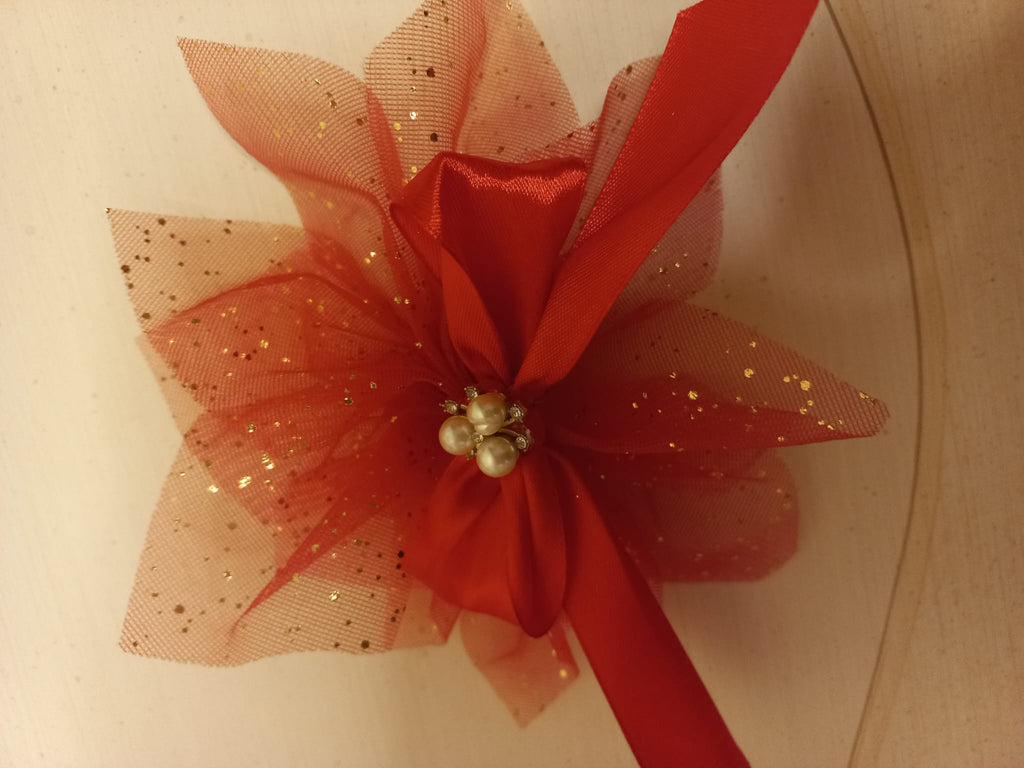 Coccarde Natalizie in Tulle Glitterato Rosso e Oro con Fiori