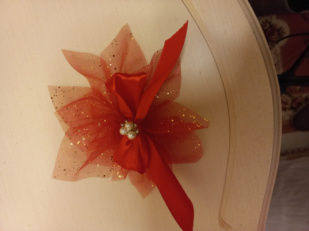 Coccarde Natalizie in Tulle Glitterato Rosso e Oro con Fiori