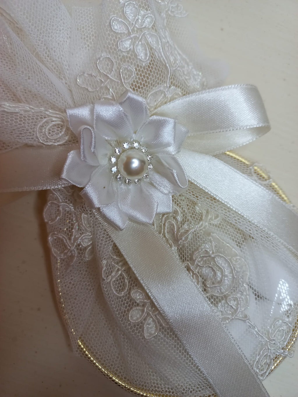 Portaconfetti in Pizzo con Anello - Bomboniera Matrimonio Artigianale