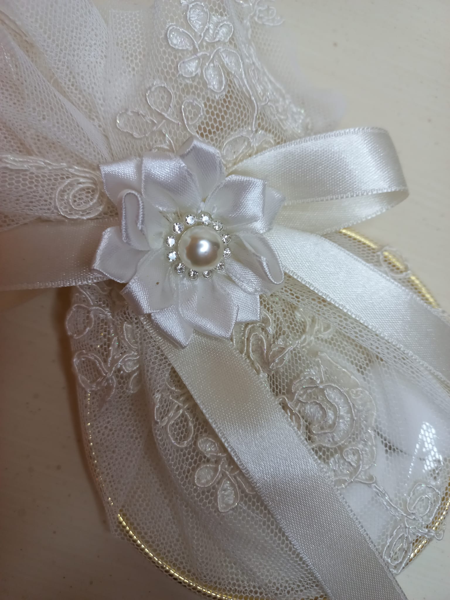 Portaconfetti in Pizzo con Anello - Bomboniera Matrimonio Artigianale