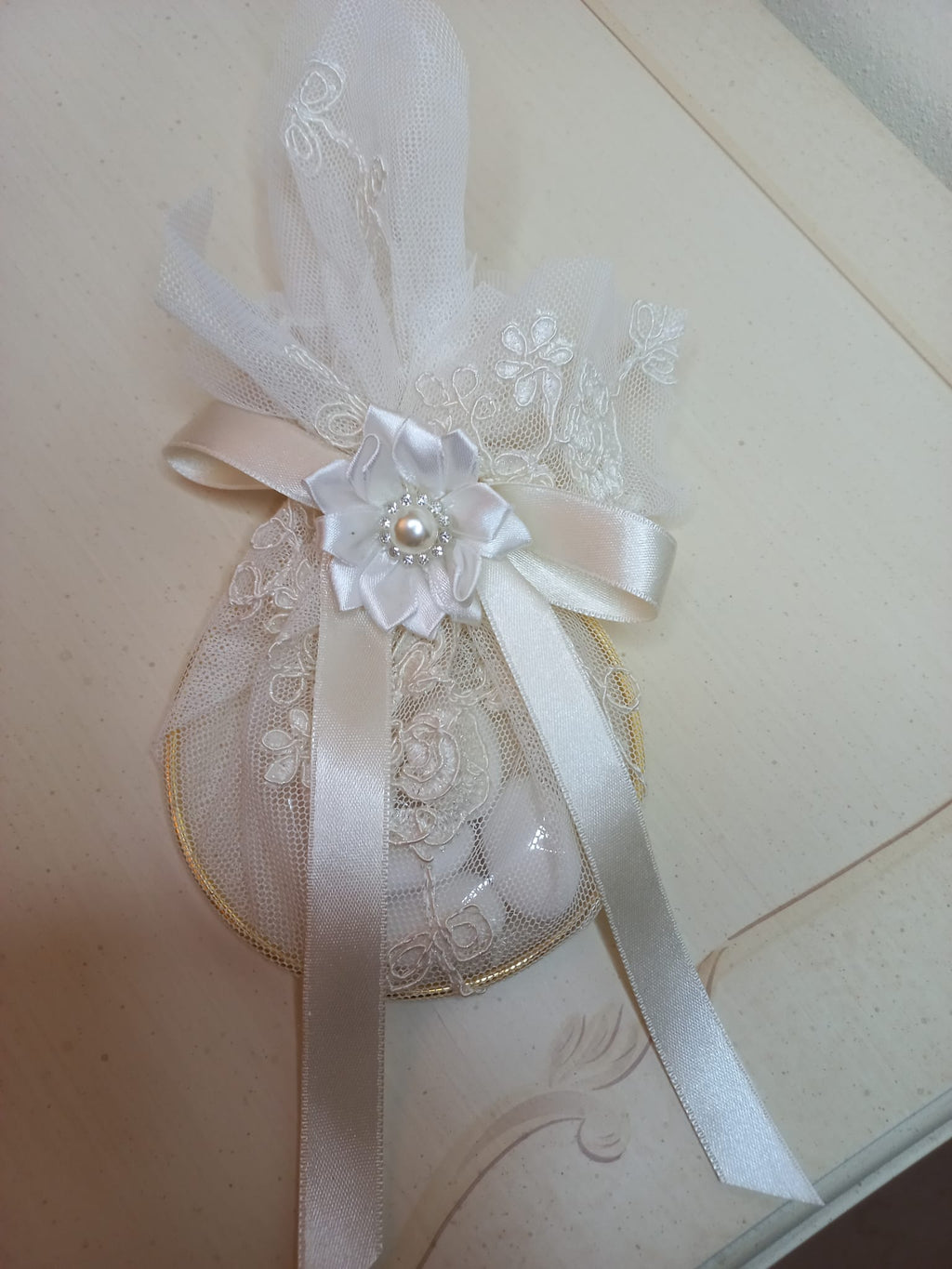 Portaconfetti in Pizzo con Anello - Bomboniera Matrimonio Artigianale