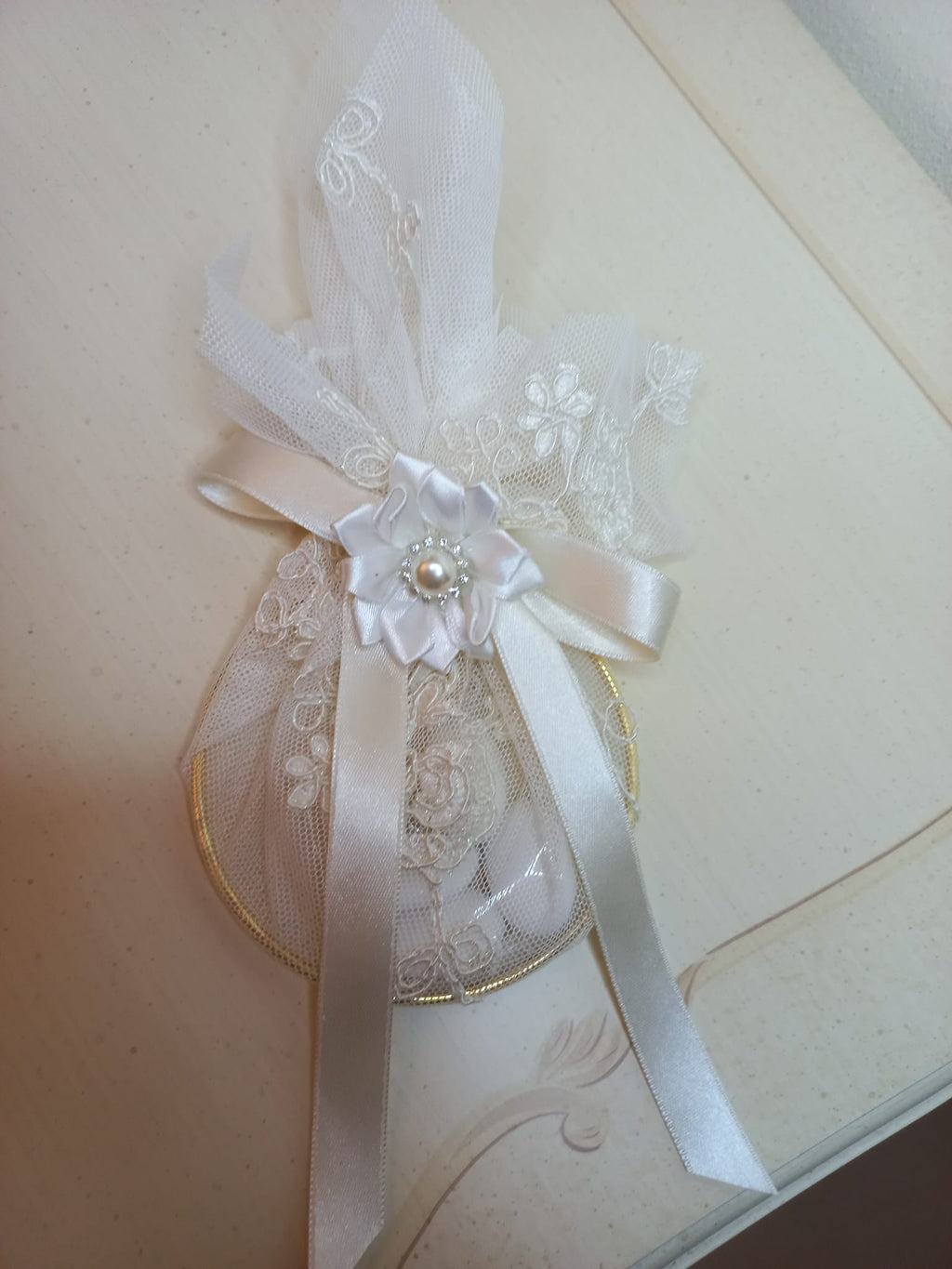 Portaconfetti in Pizzo con Anello - Bomboniera Matrimonio Artigianale