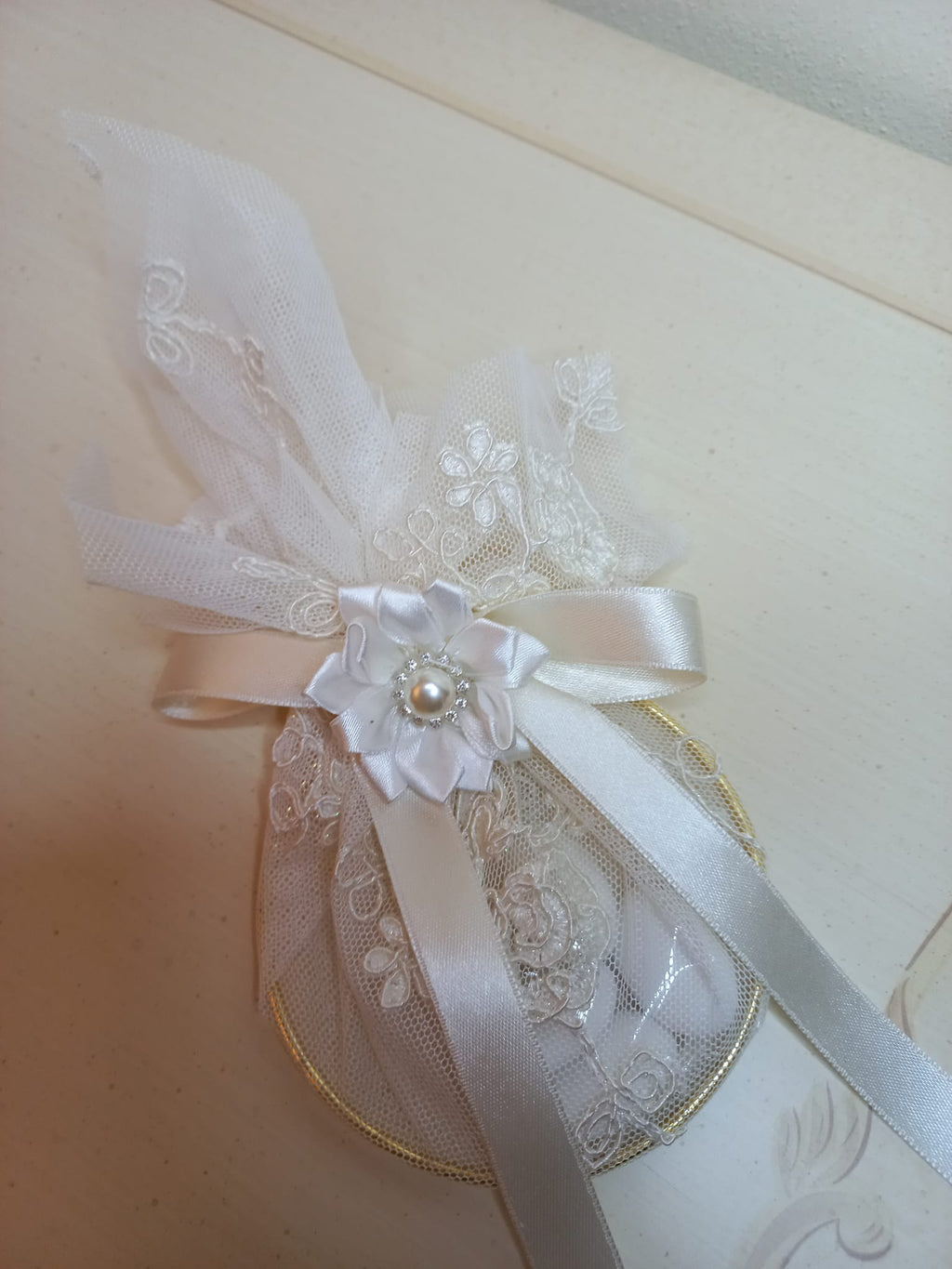 Portaconfetti in Pizzo con Anello - Bomboniera Matrimonio Artigianale