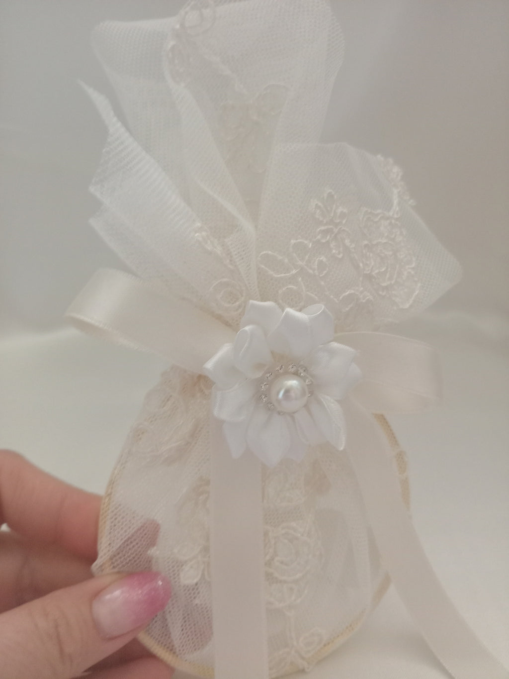Portaconfetti in Pizzo con Anello – Bomboniera Matrimonio Fatta a Mano