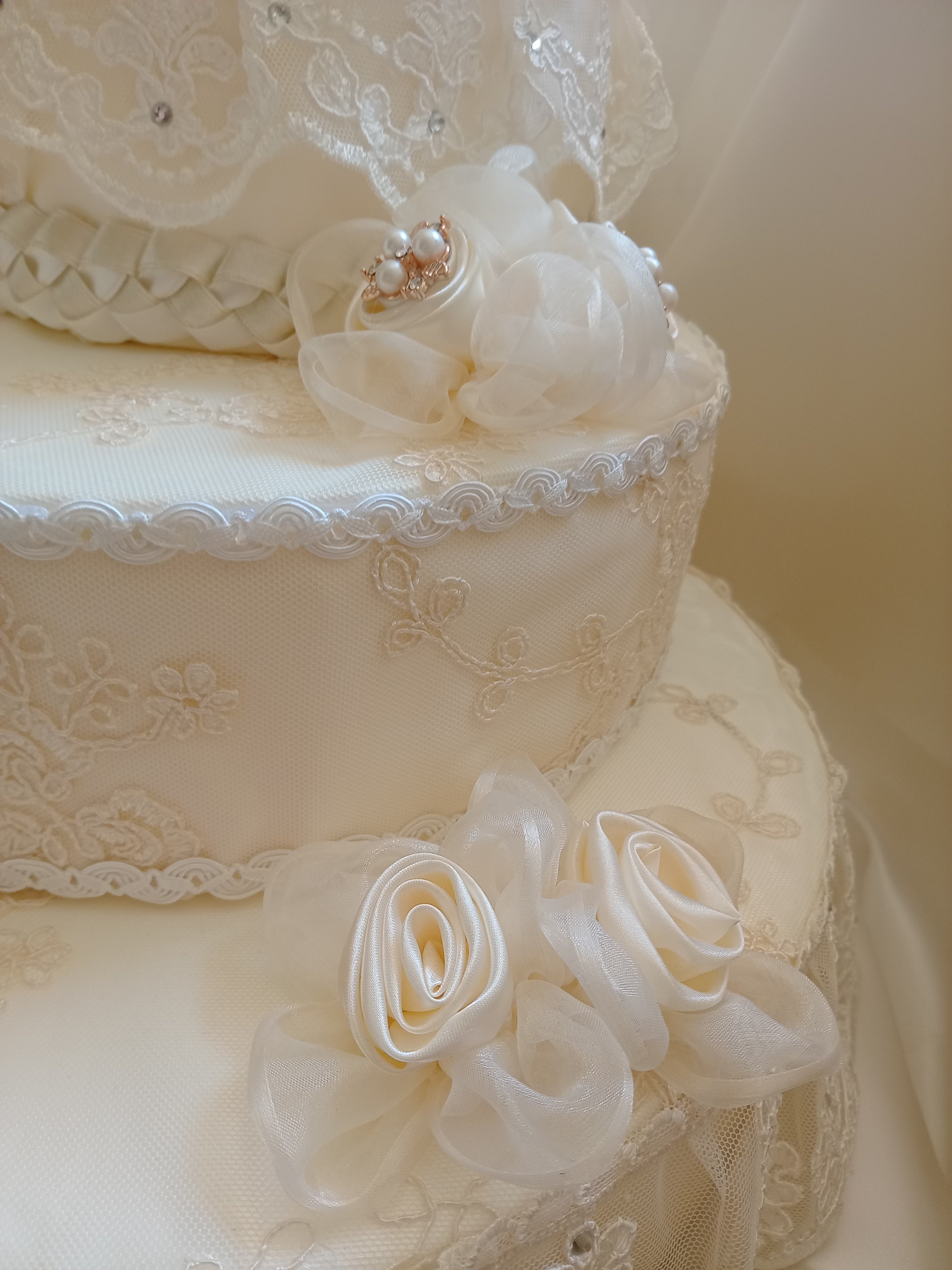 Torta Scenografica in Pizzo con Rose Avorio – Centrotavola Matrimonio Fatto a Mano